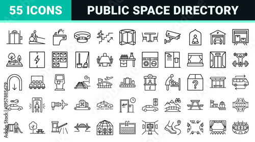 Architectural Wayfinding and Building Facilities Map Line Art Featuring Minimalist Navigation Outlines for Interior Design and Public Space Signage.