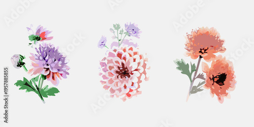 Watercolor floral arrangement featuring three distinct brightly colored blooms