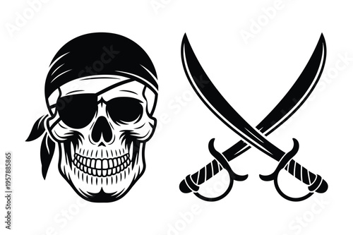 Pirate skull and crossed sabers silhouette vector