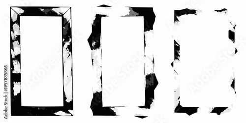 Three distressed rectangular frames with rough textured black edges