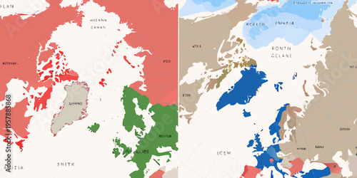 A split map displaying colored regions of geographical locations and labels