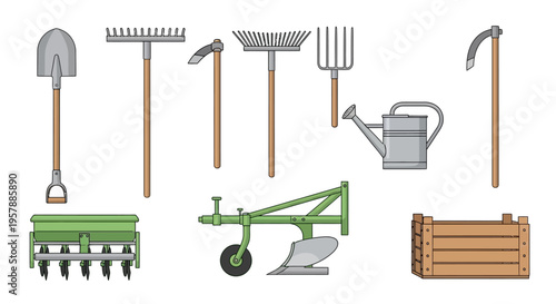 Set of farm and garden tools including shovel, rake, hoe, watering can, scythe, and plow on white background for agricultural and gardening design projects.
