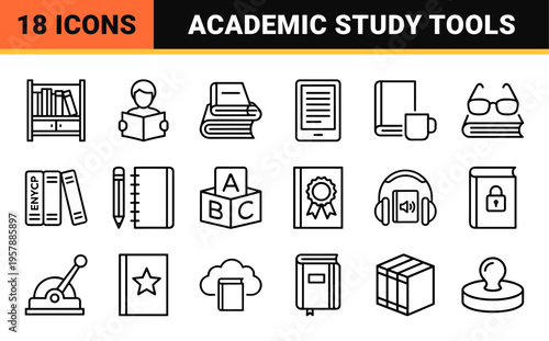 Minimalist Monoline Literary Icon Set featuring Geometric Line Art for Library, Education, and Publishing UI Design Projects