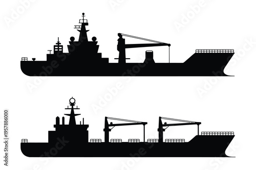 Silhouette of cargo ship and construction crane ship on white background