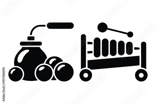 Bomb and marbles icon next to a xylophone illustration