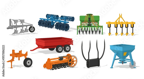 Set of various agricultural machinery and farming equipment illustrations featuring a plow, seeder, trailer, and spreader isolated on a plain white background.