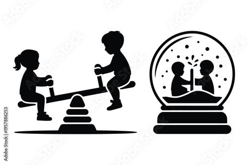 Seesaw and snow globe silhouette, childhood and winter icons