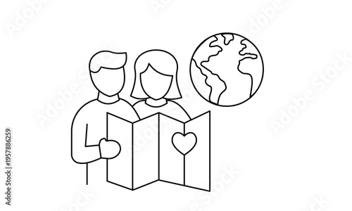 Volunteers looking at map with globe and heart for global charity mission and travel.Editable stroke, Vector illustration, Line art Icon, Symbols.