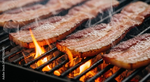 A close-up of bacon on a grill where the fat has rendered and is dripping onto the coals below, each drop creating a tiny, momentary flare-up captured in sharp detail.