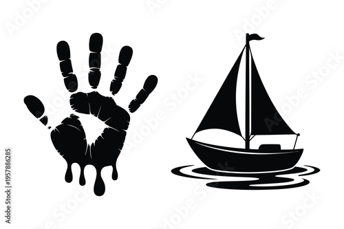 Handprint and sailboat on water icons