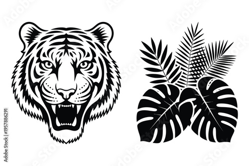 Tiger face and tropical leaves vector art with big cat