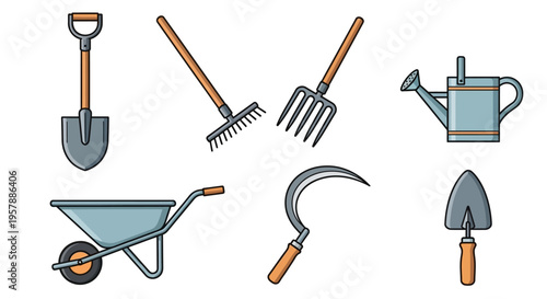Detailed Vector Illustration Set of Essential Garden Tools Including Shovel, Rake, Pitchfork, Watering Can, Wheelbarrow, Sickle, and Trowel on White Background.