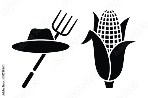 Farmer's hat pitchfork and corn silhouette with black and white