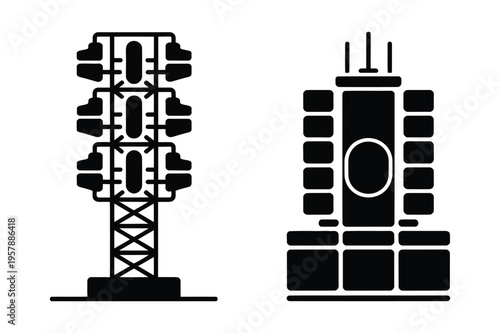 Traffic light and control tower silhouette with black and white