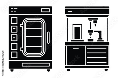 Lab equipment and incubator silhouette icons with black and white