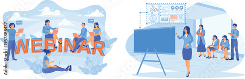 Illustrated depiction of a modern webinar event with participants and presenter