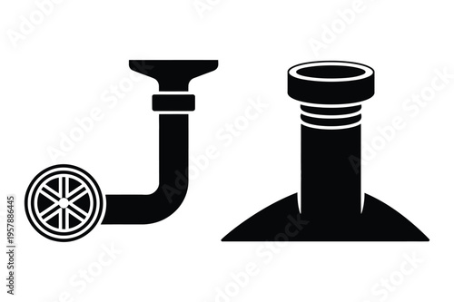 Plumbing pipe fitting and chimney silhouette with black and white