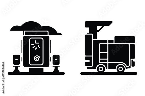 Bus stop shelter and service vehicle silhouette with public transport