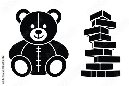Black silhouette teddy bear and stacked building blocks with toy block
