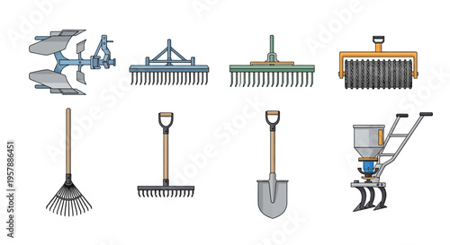 Collection of agriculture and gardening tools icons including plow, rake, shovel, and seed drill. Vector illustration isolated on white background for design.
