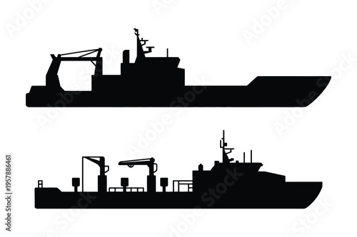 Black silhouette of two cargo ships and crane vessels with cargo ship