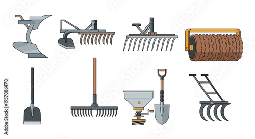 Professional collection of agricultural equipment and garden tool vector icons featuring a plow rake roller seeder and shovel isolated on a white background.