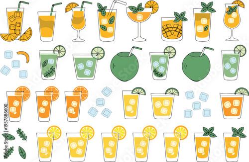 A collection of colorful tropical cocktails and refreshing summer drinks with ice and fruit slices Vector