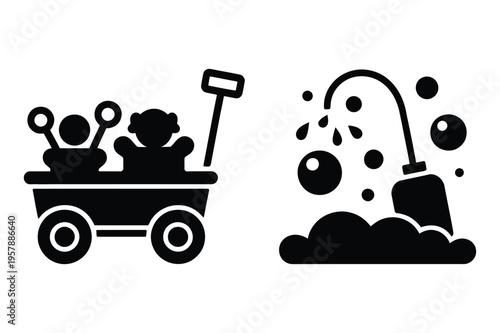 Wagon with toys and bathtub icon set vector