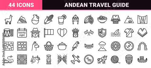 Peru Travel and Culture Icon Set featuring Minimalist Monoline Symbols for Tourism, Landmarks, South American Heritage, and Gastronomy.