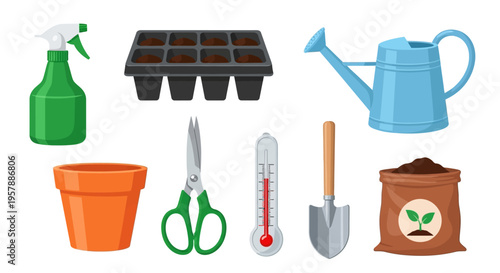 Gardening Tool Set Vector Illustration with Watering Can, Spray Bottle, Soil Bag, Pot, Shovel, Scissors, Seedling Tray, and Thermometer for Planting and Hobby.