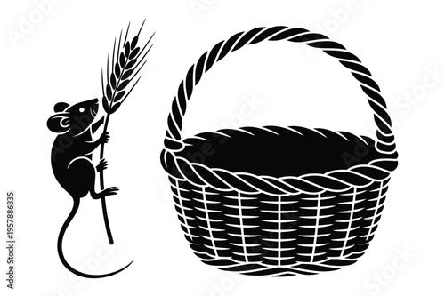Black silhouette of a mouse with wheat and a woven basket