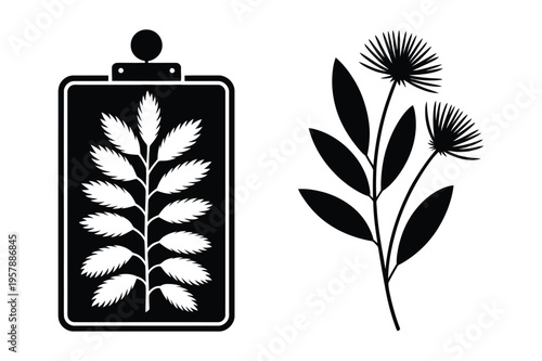 Botanical illustration icons: wheat sheaf on clipboard and flower
