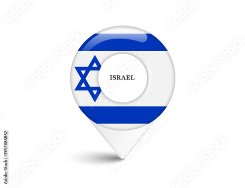 A pin map or pin location featuring Israel national flag, for designing travel or tourism information about Israel, vector 3d illustration isolated on white background for advertising design
