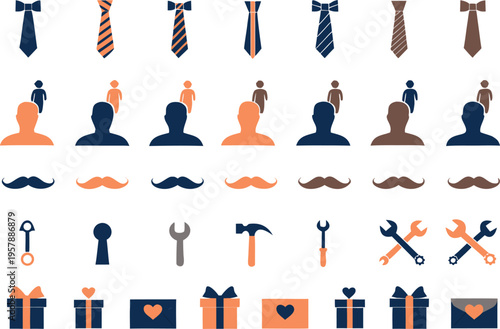 A comprehensive collection of diverse flat design icons featuring ties people mustache and tools Vector