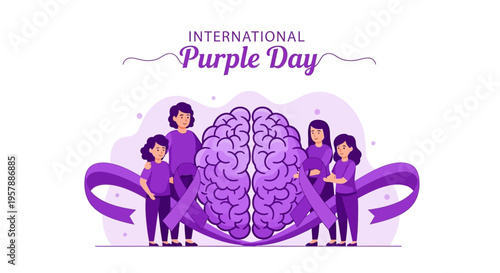 Illustration of people supporting epilepsy awareness with a purple ribbon and brain on International Purple Day against a clean white background with a purple theme.