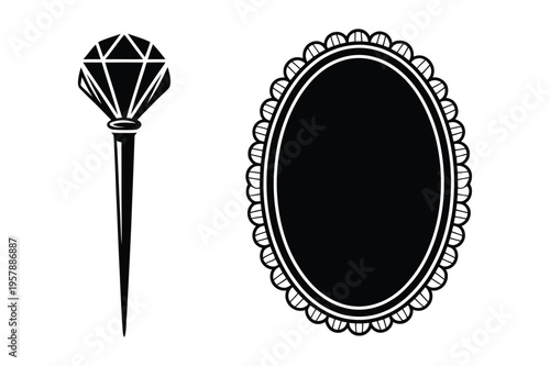 Sparkling gem scepter and ornate oval frame silhouette