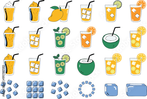 Collection of various refreshing fruit juices smoothies and ice cubes in a cartoon style design Vector