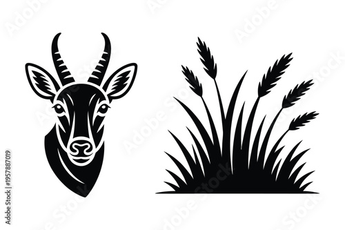 Antelope head silhouette and tall grass icon