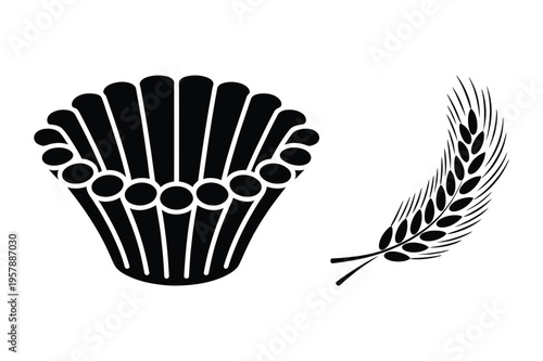 Scallop shell and wheat ear silhouette icon with ear of corn