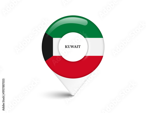 A pin map or pin location featuring Kuwait national flag, for designing travel or tourism information about Kuwait, vector 3d illustration isolated on white background for advertising design