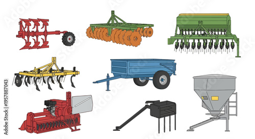 Comprehensive set of agricultural machinery illustrations including plow, disc harrow, seed drill, cultivator, farm trailer, rototiller, and fertilizer spreader