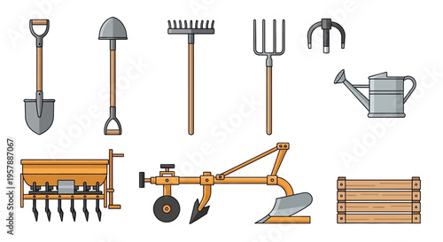 Set of Essential Garden and Farm Tools Illustration with Shovel, Rake, Pitchfork, Watering Can, Plow, Seed Drill, and Wooden Crate on White Background for Farming.