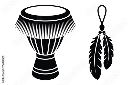 Djembe drum and feather tassel ornament vector graphic