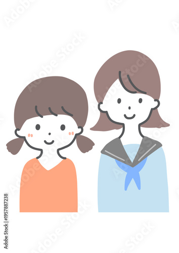 仲の良い姉妹 女の子の兄弟 笑顔 手書き風イラスト