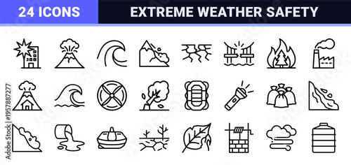 Natural Disaster and Extreme Weather Emergency Line Art: Minimalist Monoline Symbols for Environmental Crisis and Climate Safety Utility