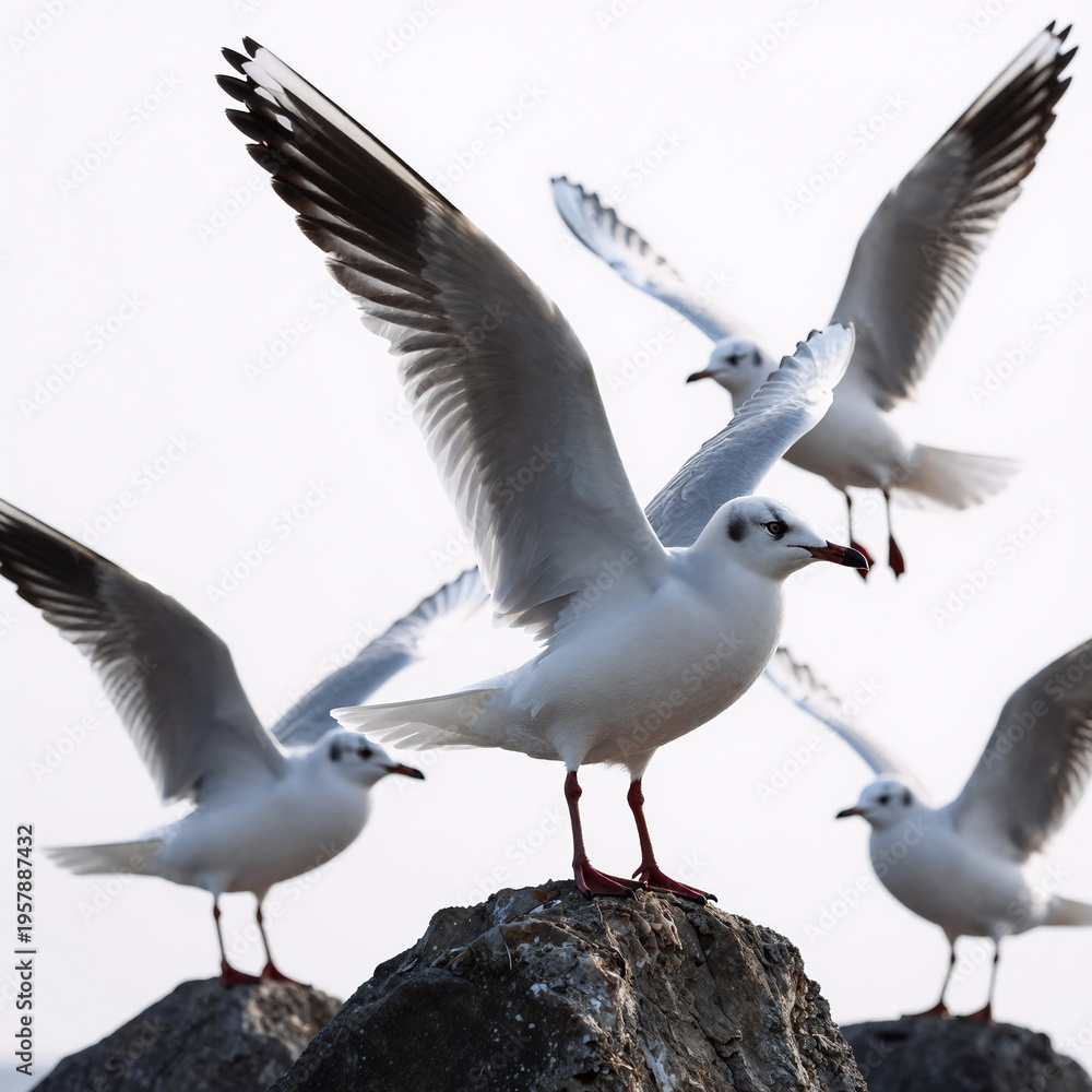 Fototapeta premium Neon Glow Sea Gull. Illustrations Of Seagulls In Various Poses On A White Background
