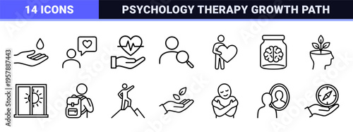 Mental Health and Mindfulness Minimalist Monoline Icons for Holistic Wellness, Psychology, and Meditation Digital Design