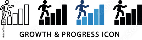 Man climbing stairs representing growth with four variations on transparent background