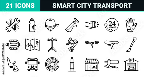 Urban Bike Rental and Eco-Friendly Mobility Outline Symbols for Navigation Apps, Smart City Transportation Interfaces, and Cycling Services.