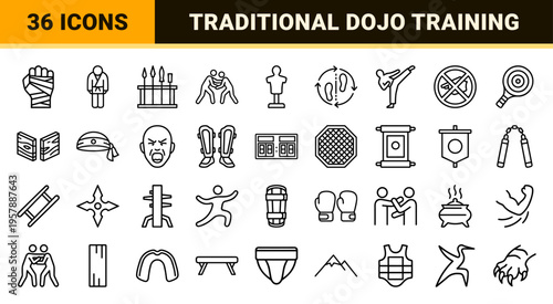 Martial Arts Combat Sports Minimalist Monoline Icon Set featuring Geometric Line Art for Training Dojo and Competition Equipment